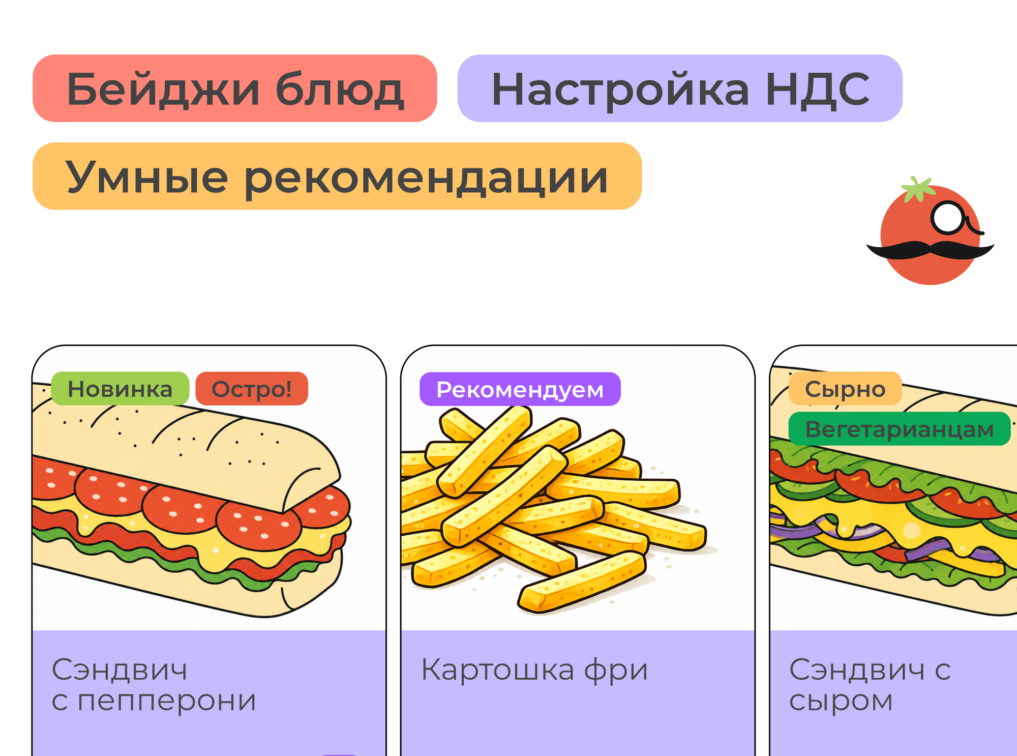 Бейджи блюд, умные рекомендации и настройки НДС